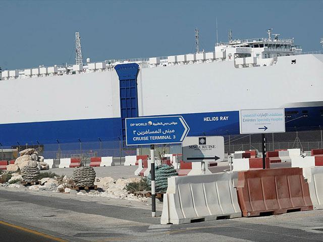 The Israeli-owned cargo ship, Helios Ray, sits docked in port after arriving for repairs in Dubai. AP Photo/Kamran Jebreili)