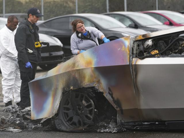 ATF investigators and a member of the Seattle Fire Department inspect burned Tesla Cybertrucks at a Tesla lot in Seattle, Monday, March 10, 2025. (AP Photo/Lindsey Wasson)