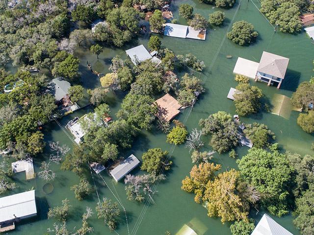 aerial view of flooded neighborhood