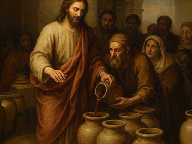 Jesus turning water into wine at the Cana wedding. Image generated by AI using OpenAI’s DALL·E.