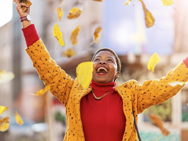 joyful woman looks up