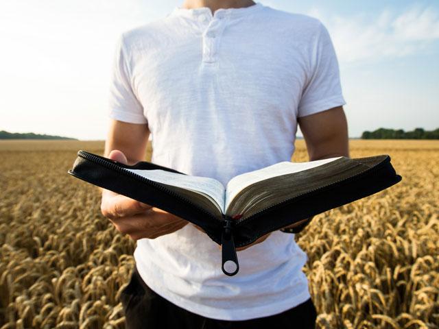 man with open Bible in wheat field