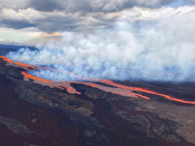 The Mauna Loa volcano is seen erupting from vents on the Northeast Rift Zone on the Big Island of Hawaii, Monday, Nov. 28, 2022. (U.S. Geological Survey via AP)