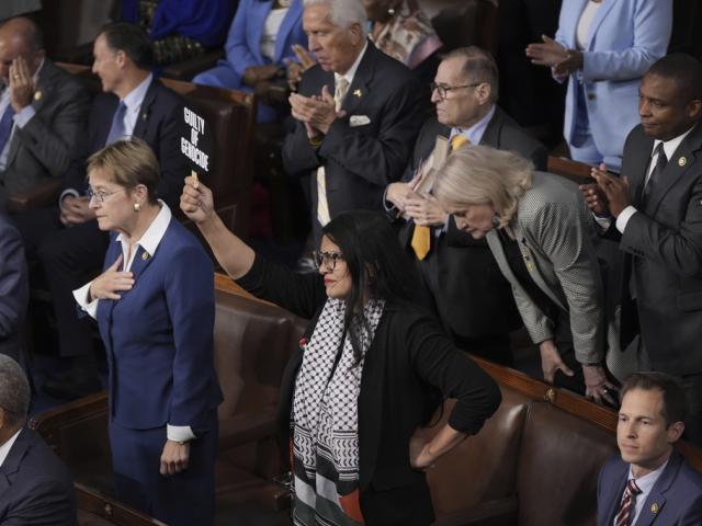 Rep. Rashida Tlaib, D-Mich., accuses Israeli Prime Minister Benjamin Netanyahu of genocide during a joint meeting of Congress at the Capitol in Washington, July 24, 2024. (AP Photo/J. Scott Applewhite)