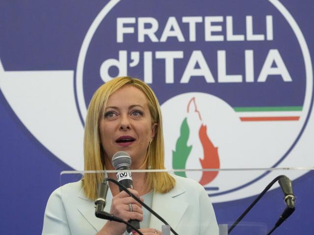Far-Right party Brothers of Italy&#039;s leader Giorgia Meloni speaks to the media at her party&#039;s electoral headquarters in Rome, Sunday, Sept. 25, 2022.