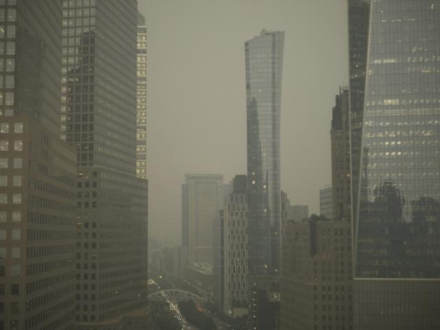 Buildings in lower Manhattan in New York are partially obscured by smoke from Canadian wildfires on Tuesday, June 6, 2023. (AP Photo/Patrick Sison)