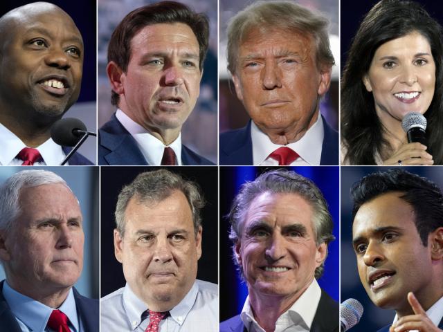This combination of photos shows Republican presidential candidates--Scott, DeSantis, Trump, Haley, Pence, Christie, Bergum and Ramaswamy--who say theyhave qualified for the first 2024 GOP Presidential debate on Aug. 23, 2023. (AP photo)