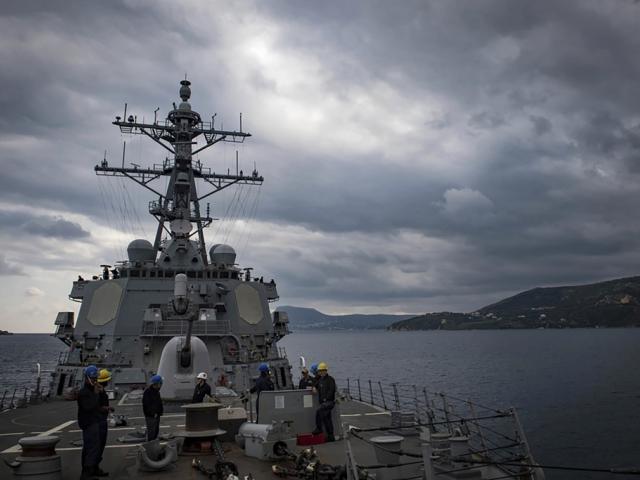 This Nov. 12, 2018 photo shows The USS Carney in the Mediterranean Sea. The American warship and multiple commercial ships came under attack Sunday, Dec. 3, 2023 in the Red Sea. (Mass Communication Specialist 1st Class Ryan U. Kledzik/U.S. Navy via AP)