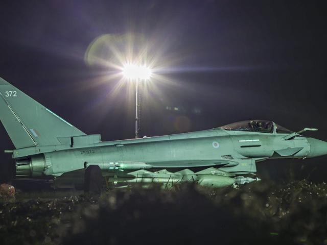 This photo issued by the Ministry of Defence (MOD) on Sunday, Feb. 4, 2024 shows a RAF Typhoon FGR4 aircraft returning to the base, following strikes against Houthi targets in Yemen. (AS1 Leah Jones/RAF via AP)