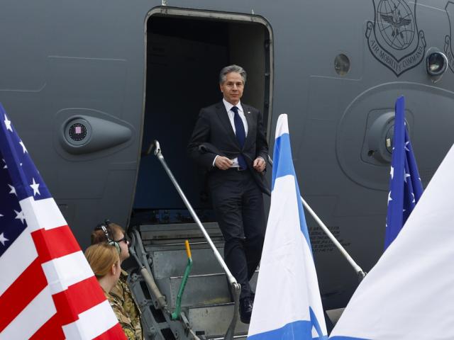 U.S. Secretary of State Antony Blinken disembarks from an aircraft as he arrives in Tel Aviv, Israel, Friday, March 22, 2024. (Evelyn Hockstein/Pool Photo via AP)