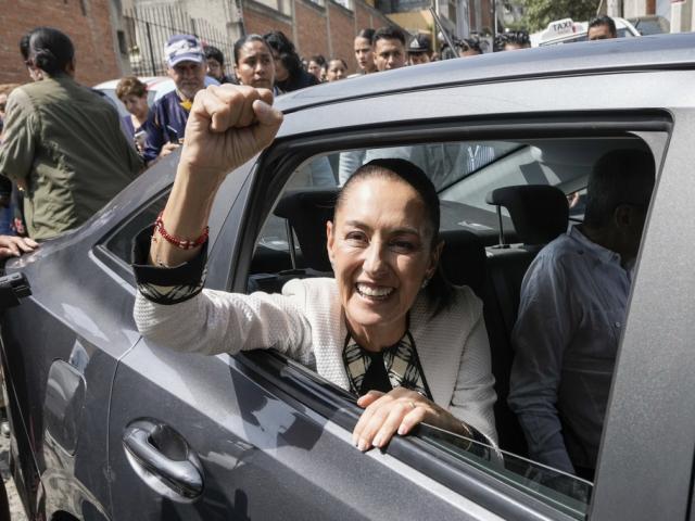 resident-elect Claudia Sheinbaum leaves the polling station where she voted during general elections in Mexico City, Sunday, June 2, 2024. (AP Photo/Eduardo Verdugo)