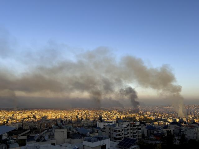 Smoke rises from Israeli airstrikes in the southern suburbs of Beirut, Lebanon, Saturday, Sept. 28, 2024. (AP Photo/Hussein Malla)