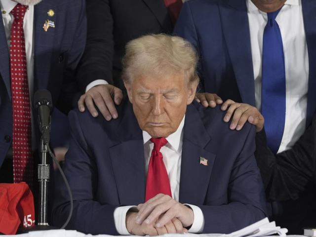 Latino leaders prayed for Trump at a Latino leader roundtable on Oct. 22, 2024 in Doral, FL. (AP Photo/Alex Brandon)