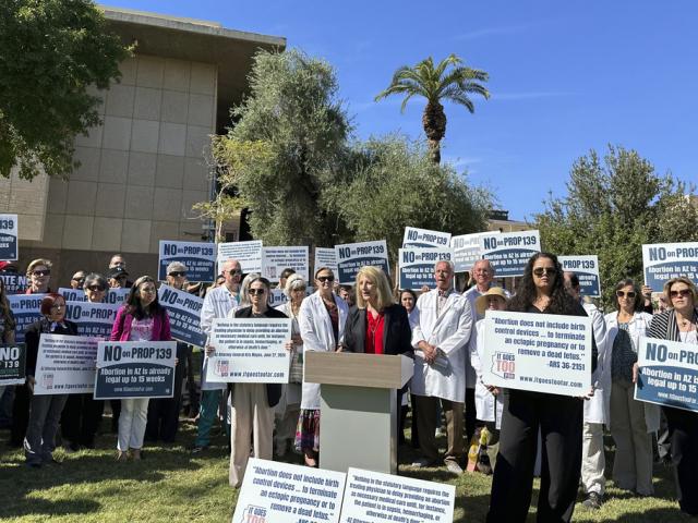 &quot;It Goes Too Far,&quot; the official campaign opposing Arizona&#039;s abortion ballot measure, holds a press conference at the state Capitol on Oct. 30, 2024. (AP Photo/Sejal Govindarao)