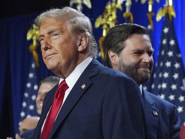 President-elect Donald Trump and running mate Sen. JD Vance on election night at the Palm Beach Convention Center, Nov. 6, 2024, in West Palm Beach, FL (AP Photo/Evan Vucci)