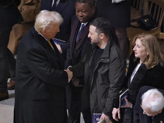 President-elect Donald Trump shakes hands with Ukraine&#039;s President Volodymyr Zelenskyy in Notre Dame Cathedral on Saturday Dec.7, 2024 in Paris ( Ludovic Marin, Pool via AP)