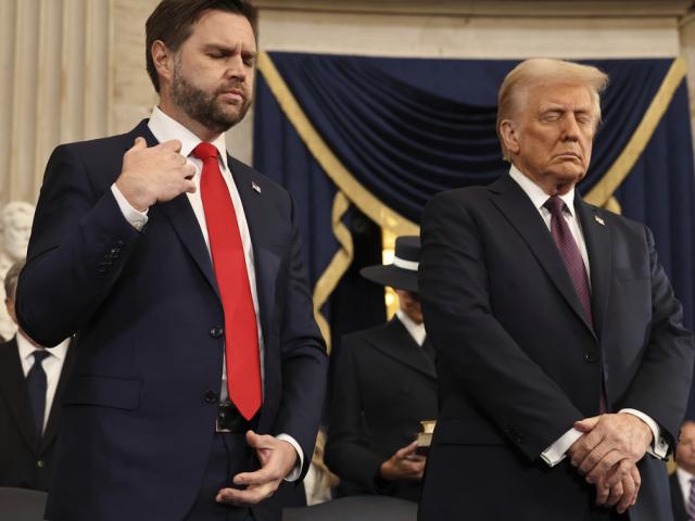 Vice President JD Vance and President Trump pray during inauguration ceremonies in the Rotunda of the U.S. Capitol  (Chip Somodevilla/Pool Photo via AP)