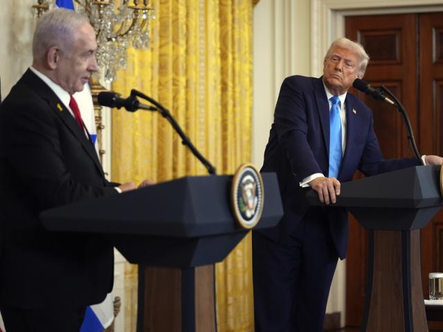 President Donald Trump and Israel&#039;s Prime Minister Benjamin Netanyahu speak during a news conference in the East Room of the White House, Tuesday, Feb. 4, 2025, in Washington. (AP Photo/Evan Vucci)