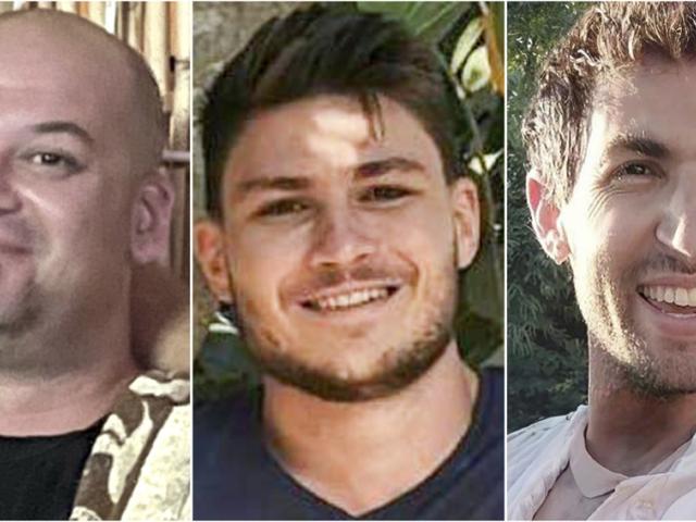 This combination of images provided by Hostages Family Forum shows Iair Horn, Alexander (Sasha) Troufanov and Sagui Dekel Chen, who all were abducted and brought to Gaza on Oct. 7, 2023. (Hostages Family Forum via AP)