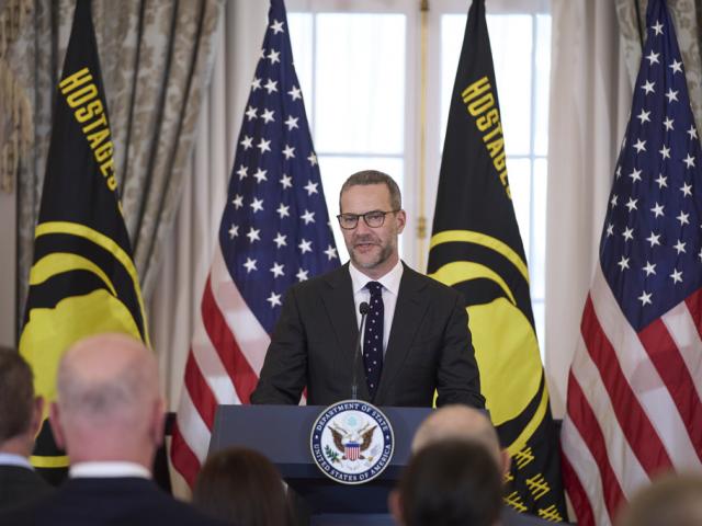 U.S. presidential envoy for hostage affairs Adam Boehler speaks during a ceremony to raise the Hostage and Wrongful Detainee flag at the State Department, Thursday, March 6, 2025, in Washington. (AP Photo/Evan Vucci)