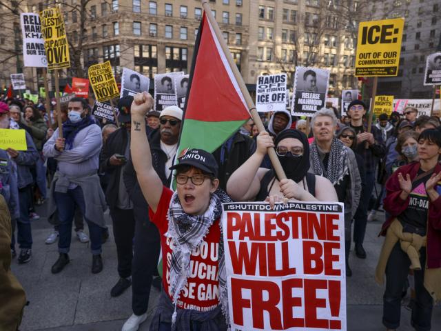 Protestors demonstrate and demand the release of Palestinian activist Mahmoud Khalil, Monday, March 10, 2025, outside the Jacob K. Javits Federal Building in New York. (AP Photo/Yuki Iwamura)