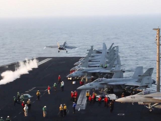 This image taken from video provided by the U.S. Navy shows an aircraft launching from the USS Harry S. Truman in the Red Sea before airstrikes in Sanaa, Yemen, Saturday, March 15, 2025. (U.S. Navy via AP)