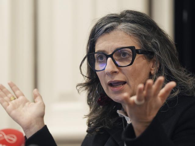 Francesca Albanese, United Nations special rapporteur on the Occupied Palestinian Territories, during a press conference at Buswells Hotel in Dublin. Picture date: Thursday March 20, 2025. 79460581 (Press Association via AP Images)