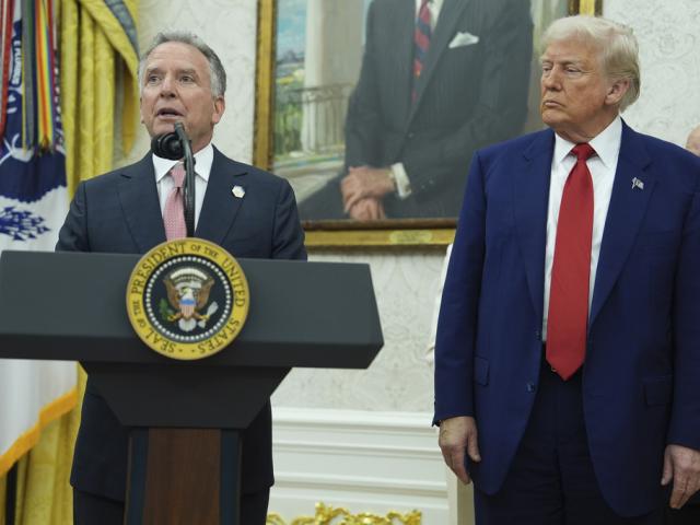 President Donald Trump, right, listens as White House special envoy Steve Witkoff, left, speaks on Wednesday, May 28, 2025, in the Oval Office of the White House in Washington. (AP Photo/Evan Vucci)