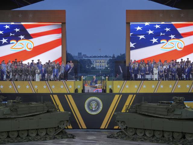 President Donald Trump speaks during a military parade commemorating the Army&#039;s 250th anniversary Saturday, June 14, 2025, in Washington. (AP Photo/Julia Demaree Nikhinson)