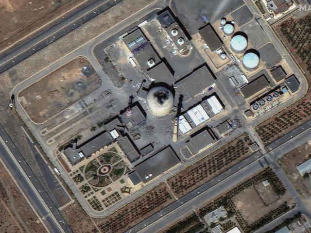 This satellite image provided by Maxar on June 18, 2025 shows Iran&#039;s Arak heavy water reactor building after Israel launched airstrikes on the reactor. (Maxar Technologies via AP)