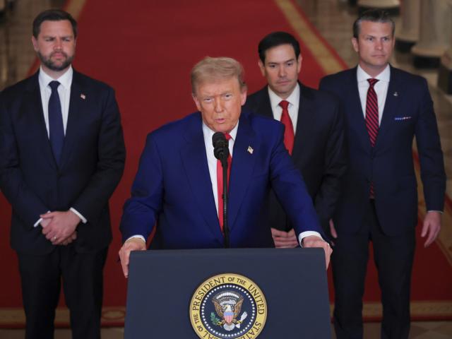 President Donald Trump speaks from the East Room of the White House in Washington, Saturday, June 21, 2025, as Vice President JD Vance, Secretary of State Marco Rubio and Defense Secretary Pete Hegseth listen. (Carlos Barria/Pool via AP)