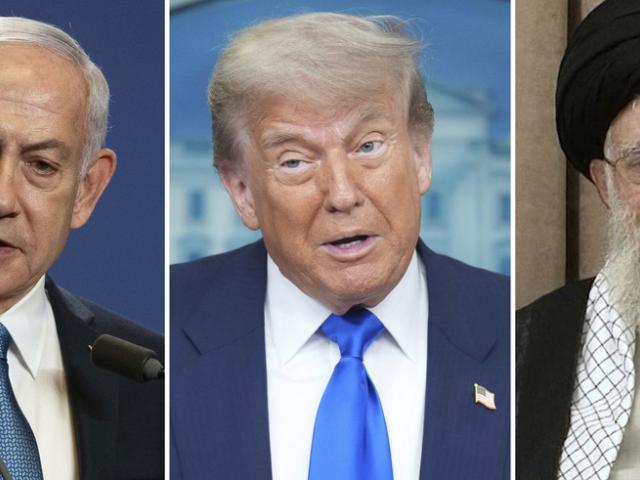 Combination photos show PM Benjamin Netanyahu in Hungary, President Trump in June presser and Sup. Leader Ali Khamenei in TV speech (Photos Denis Erdos AP, Jacquelyn Martin AP, and Off. of Sup. Leader)
