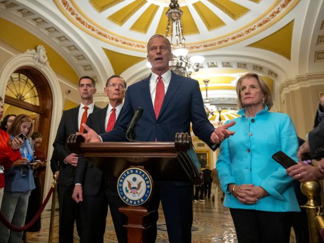 Senate Majority Leader John Thune (R-SD) with, from left, Sen. Tom Cotton (R-AR), Senate Majority Whip John Barrasso (WY), and Sen. Shelley Moore Capito (R-WV), on Capitol Hill. (AP Photo/Mark Schiefelbein)