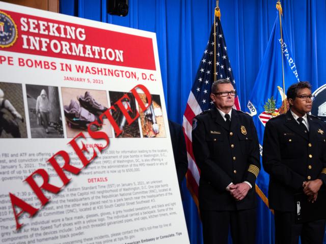 MPD Chief of Police Pamela Smith &amp; U.S. Capitol Police Chief Michael Sullivan at a news conference announcing the arrest of Brian Cole Jr., who allegedly placed pipe bombs near RNC and DNC offices on Jan. 5, 2021. (Tom Williams/CQ Roll Call via AP Images)