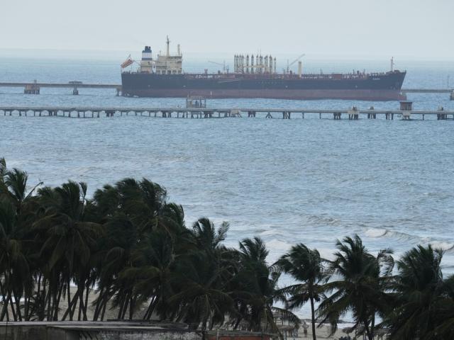 Evana, an oil tanker, is docked at El Palito port in Puerto Cabello, Venezuela, Sunday, Dec. 21, 2025. (AP Photo/Matias Delacroix)