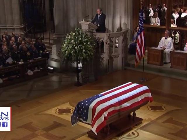 Former President George W. Bush delivers the eulogy for his father former President George H.W. Bush during the funeral service at Washington&#039;s National Cathedral Wednesday.