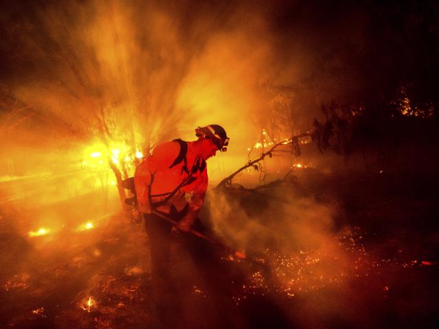 Firefighter Chris Fritz works to keep the Aero Fire from spreading through the Copperopolis community of Calaveras County, Calif., on Monday, June 17, 2024. (AP Photo/Noah Berger)