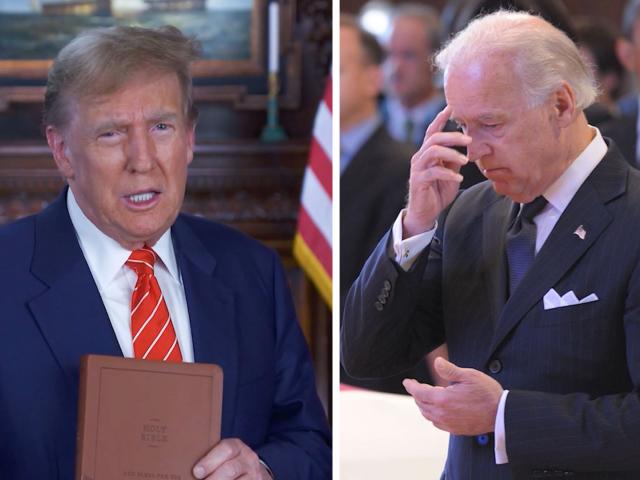 Trump pitches a patriotic Bible while Biden crosses himself at an abortion rally.