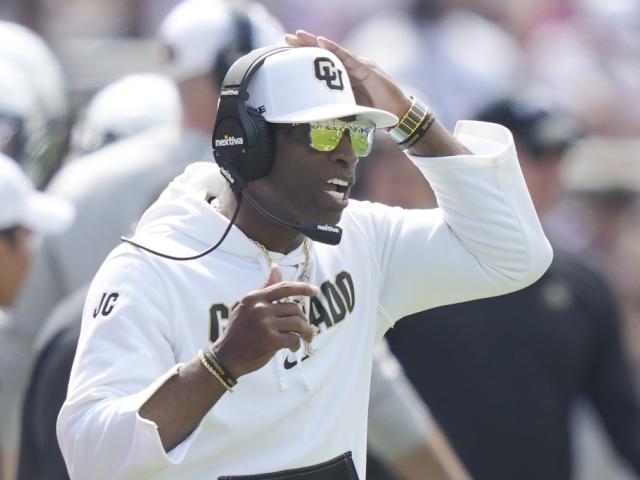 Colorado head coach Deion Sanders during an NCAA college football game against TCU Saturday, Sept. 2, 2023, in Fort Worth, Texas. (AP Photo/LM Otero)