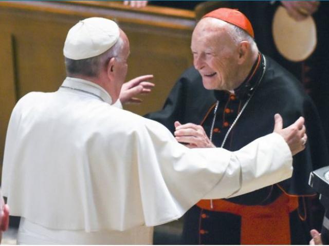 Pope Francis reaches out to hug Cardinal Archbishop emeritus Theodore McCarrick. Allegations that the most respected U.S. cardinal repeatedly sexually abused both boys and adult seminarians has raised questions about what the pope will do about it. 