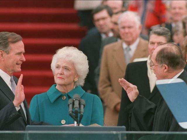 President Bush is sworn in as the 41st president of the United States by Chief Justice William Rehnquist. AP photo.