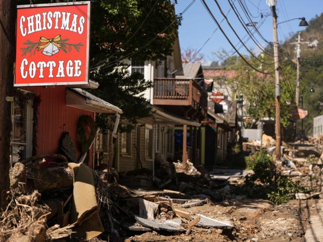 Business are seen in a debris field in the aftermath of Hurricane Helene, Wednesday, Oct. 2, 2024, in Chimney Rock Village, N.C. (AP Photo/Mike Stewart)