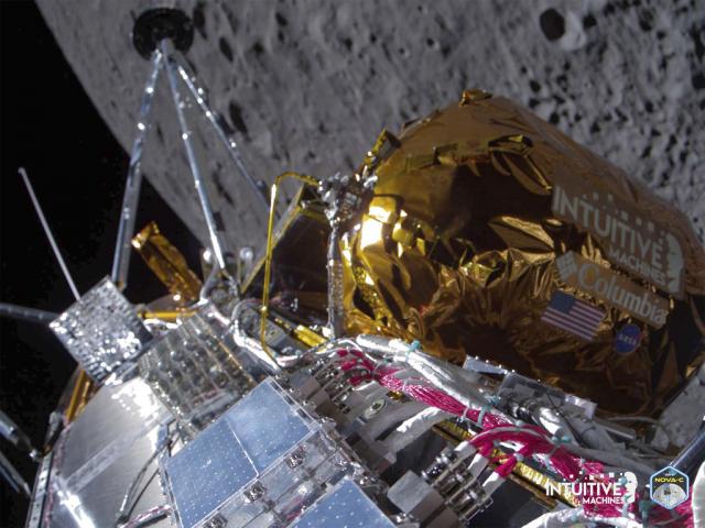 This image provided by Intuitive Machines shows its Odysseus lunar lander over the near side of the moon following lunar orbit insertion on Wednesday, Feb. 21, 2024. (Intuitive Machines via AP)
