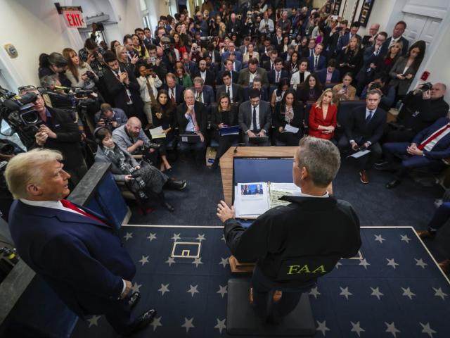 Transportation Secretary Sean Duffy speaks during a press conference on the Potomac River midair collision alongside President Donald Trump at the White House on January 30, 2025, in Washington, DC. (Photo by Samuel Corum/Sipa USA)(Sipa via AP Images)