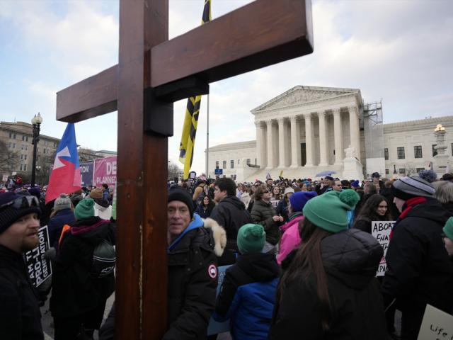 People participating in the annual March for Life, walk near the Supreme Court, Jan. 24, 2025, in Washington.(AP Photo/Ben Curtis)