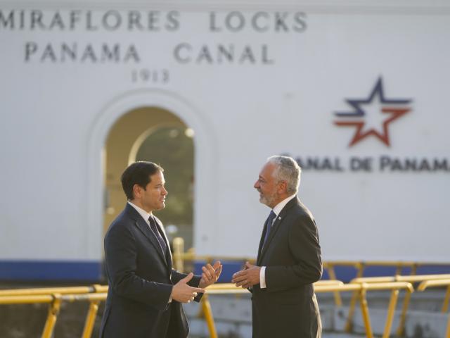 U.S. Secretary of State Marco Rubio, left, and Panama Canal Authority Administrator Ricuarte Vásquez talk during a tour of the Miraflores Locks in Panama City, Sunday, Feb. 2, 2025. (AP Photo/Mark Schiefelbein, Pool)