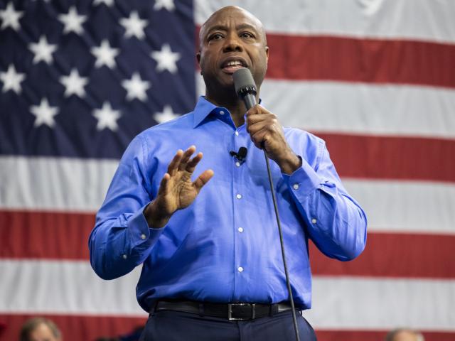 Republican presidential candidate Tim Scott announces his candidacy for president of the United States on the campus of Charleston Southern University in North Charleston, S.C., May 22, 2023. (AP Photo/Mic Smith)