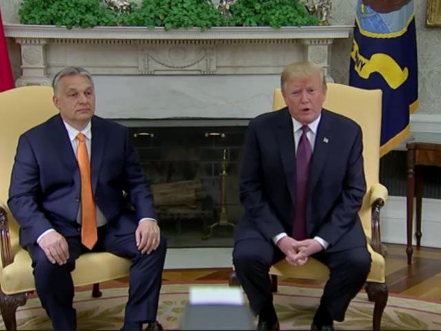 Hungarian Prime Minister Viktor Orban, left, is welcomed to the White House by President Donald Trump before their meeting in the Oval Office. (Screenshot courtesy: APTN)