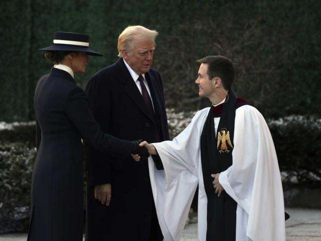 President-elect Donald Trump and Melania are greeted before a church service at St. John&#039;s Episcopal Church across from the White House, Jan. 20, 2025, on Donald Trump&#039;s inauguration day. (AP Photo/Matt Rourke)