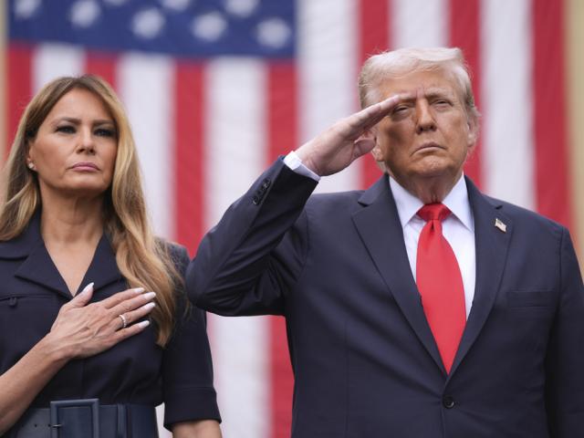 President Donald Trump and first lady Melania Trump attend a ceremony to commemorate the 24th anniversary of the 9/11 attacks, Thursday, Sept. 11, 2025, at the Pentagon in Washington. (AP Photo/Evan Vucci)
